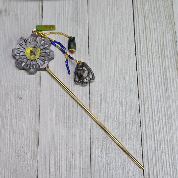 Handmade Fallout Vault Inspired Hair Stick Helmet, Mini Nuke, and +2 Rad Charms - Picture 3 of 14